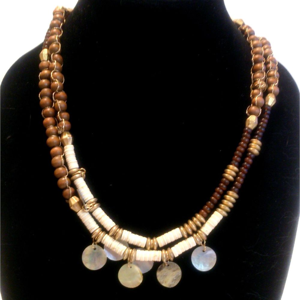 Signed C1946 Natural Wood and Shell Bead Natural Necklace *